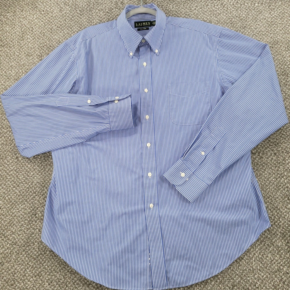 Lauren Ralph Lauren Mens 17‎ 36/37 Blue White Striped Non Iron Dress Shirt LRL